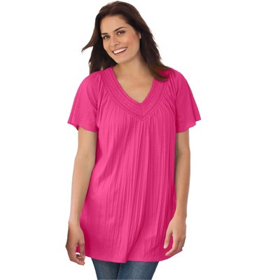 Woman Within Plus Size Short-Sleeve V-Neck Crinkle Tunic