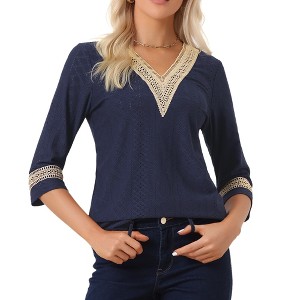Allegra K Women's V Neck Contrast Color Lace Trim Boho Top - 1 of 4
