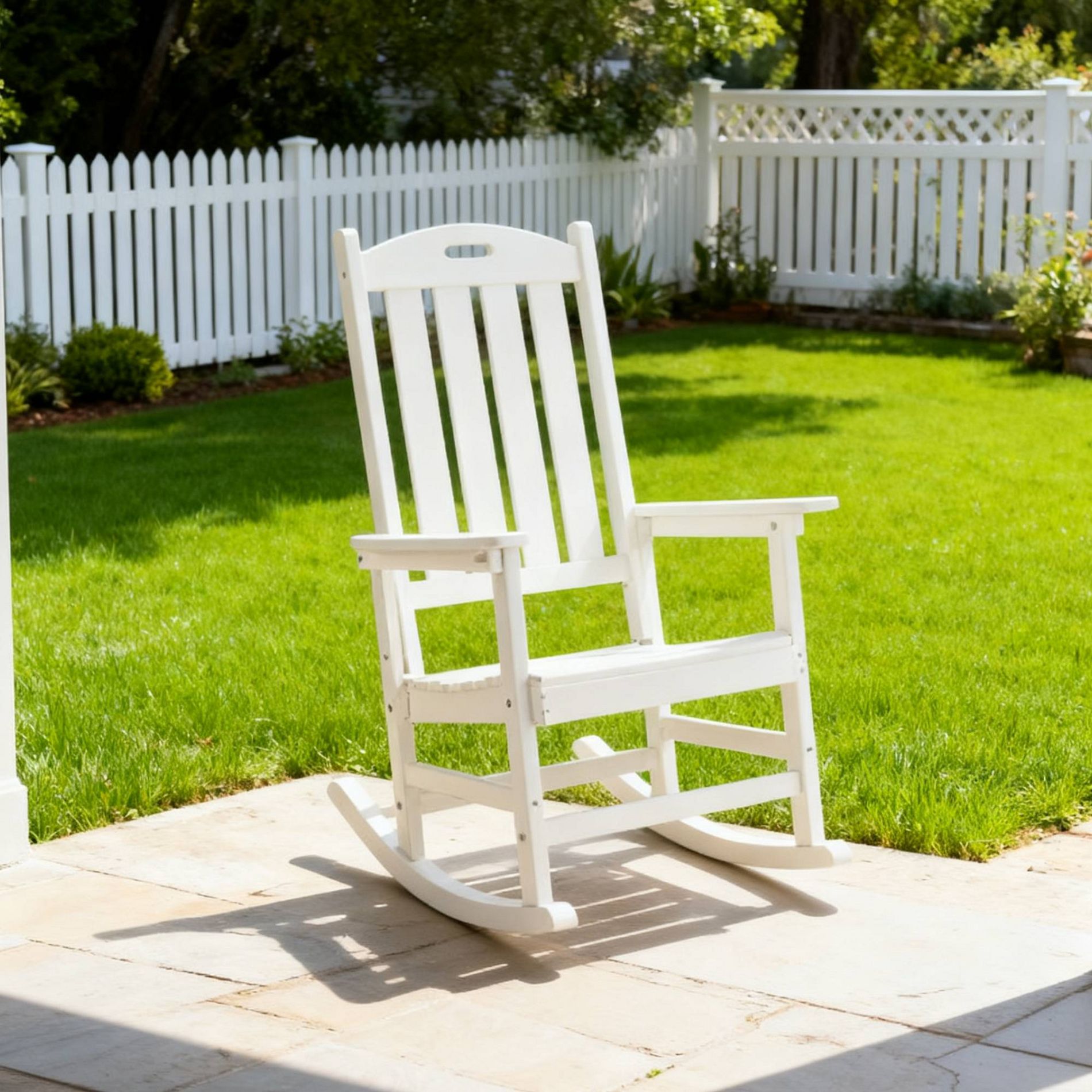 Gulches White Outdoor Rocking Chair All-Season HIPS Material with 304 Stainless Steel Accessories, Classic Vertical Slat Back, Spacious Seat