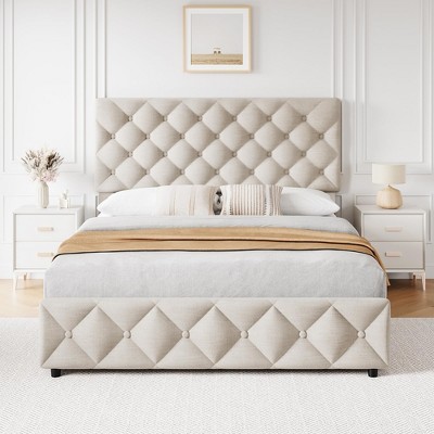 Platform Bed Frame with Adjustable Headboard and 4 Drawers, Modern  Upholstered Bed Frame with Footboard