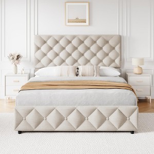 Platform Bed Frame with Adjustable Headboard and 4 Drawers, Modern  Upholstered Bed Frame with Footboard - 1 of 4