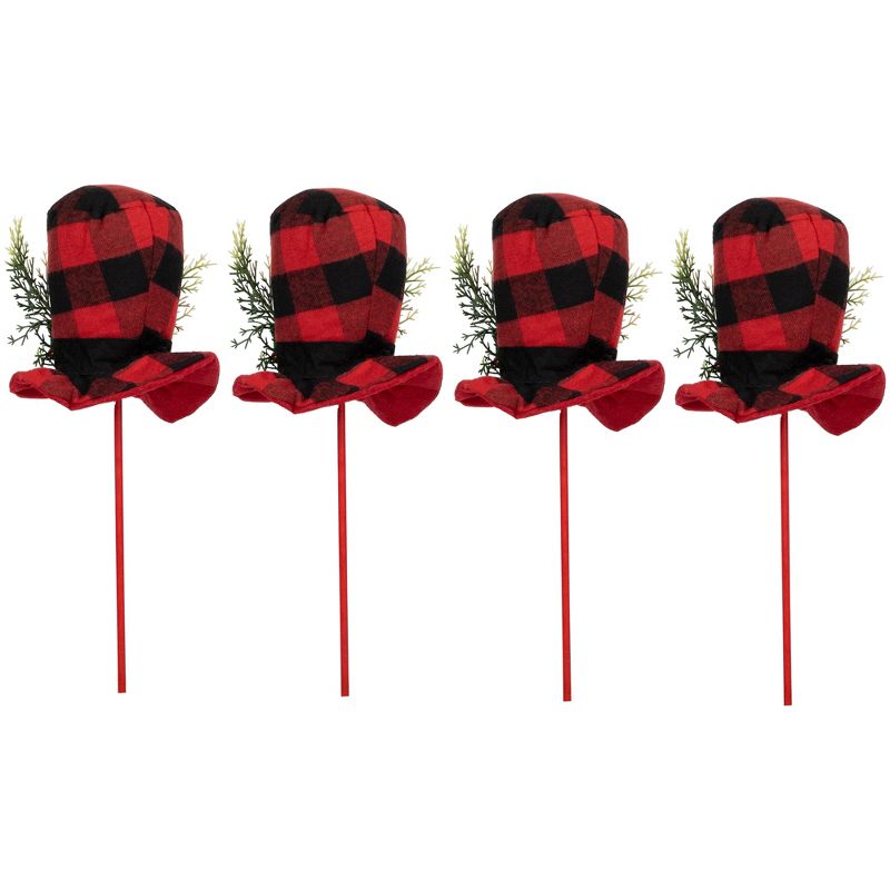 Northlight Set of 4 Red and Black Plaid Plush Winter Hat Christmas Picks 15", 5 of 9