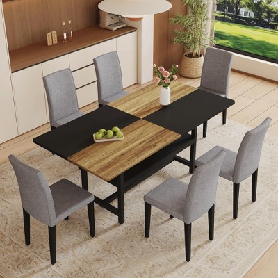 Oversart Table and chair set Wooden And Black Spliced Dining Table With Storage Function In The Middle Of The Table