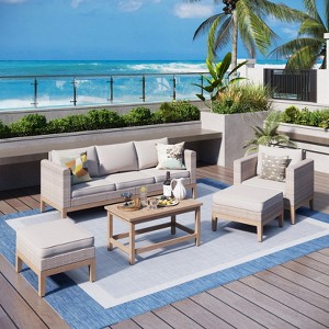 Captiva Designs 5pc outdoor patio wicker rattan cushioned conversation set with armchairs, ottomans and solid wood table - 1 of 4