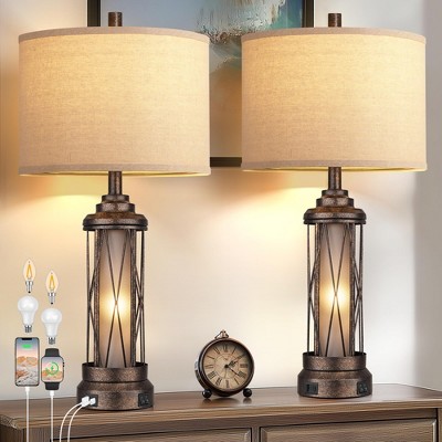 ROTTOGOON Farmhouse Table Lamps with USB A+C Charging Ports, Frosted Glass Lamp for Bedroom Living Room Entryway, Bulbs Included, Bronze