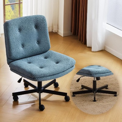 VINGLI Swivel Armless Criss Cross Vanity Chair with Wheels/no Wheels,Rocking Cross-Legged Office Desk Chair,  Teddy Fleece