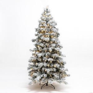 LuxenHome 7.5Ft Snow-Flocked Cedar Christmas Tree Pre-Lit with Teardrop LED Lights & Hinged Branches Green - 1 of 4