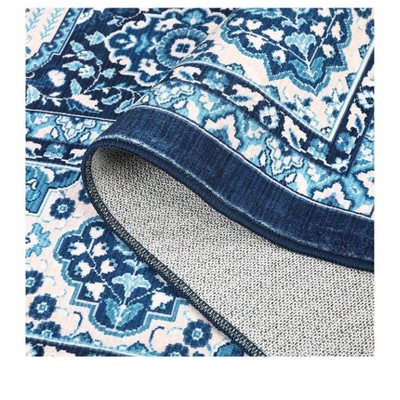 Blue Floral Chenille Washable Non-Slip 8' x 10' Area Rug