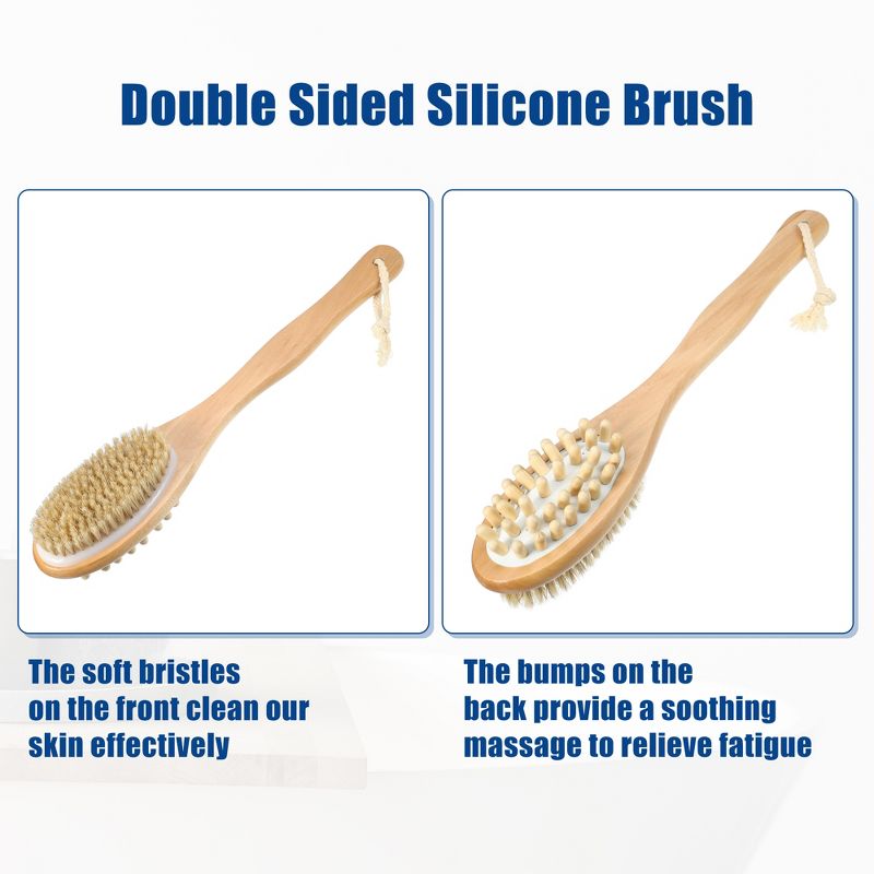Unique Bargains Double Sided Bath Brush Wood Back Scrubber with Long Handle for Shower 14.6 Inches Brown 1 Pcs, 5 of 7