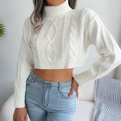 Women's Fall Cable Knit Sweater Long Sleeve Shirt Turtleneck Cropped Casual Pullover Sweater Top
