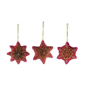 Storied Home Cotton Velvet Snowflake Ornament with Glass Beads and Embroidery, Red and Gold, Set of 3 - 1 of 2