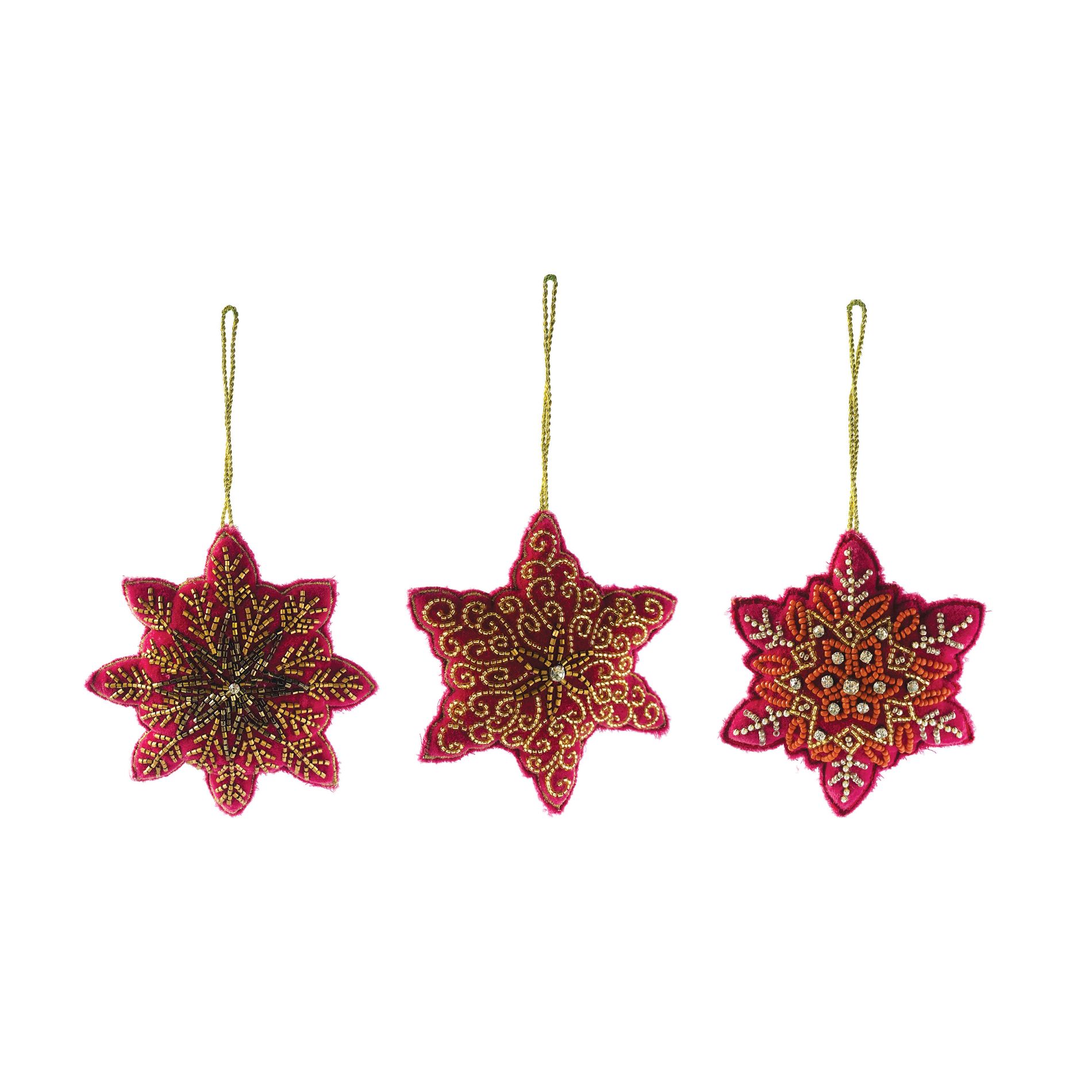 Storied Home Cotton Velvet Snowflake Ornament with Glass Beads and Embroidery, Red and Gold, Set of 3