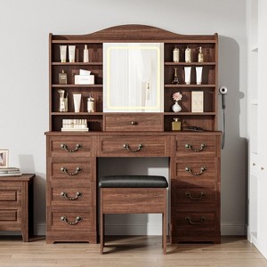 Vanity Desk with Mirror and Adjustable Lights, Makeup Vanity Desk with Drawers, Built-in Power Outlet & USB, Makeup Table for Bedroom - 1 of 4