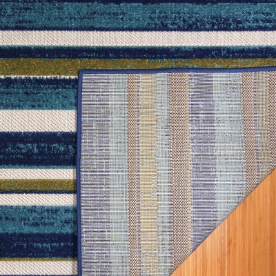 Blue and Green Striped Synthetic Indoor/Outdoor Rug