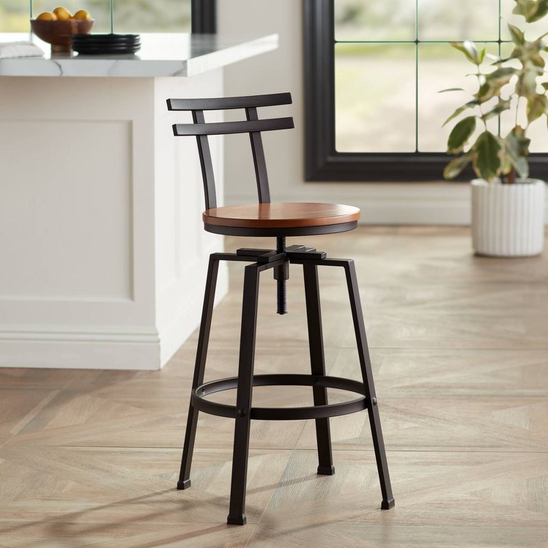 Elm Lane Clifton Bronze Metal Swivel Bar Stool Brown 29 1/2" High Industrial Adjustable Wood Seat with Backrest Footrest for Kitchen Counter Height, 2 of 10