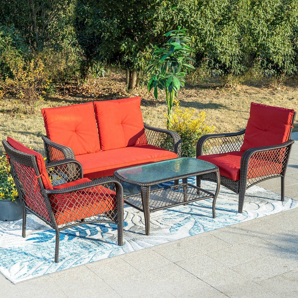 4pc Outdoor Conversation Set with Loveseat, Chairs &#38; Coffee Table - Captiva Designs: Rattan Sofa, Powder-Coated Steel Frame