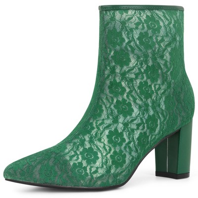 BLISSFUL STEP Pointed Toe Block Heels Floral Lace Ankle Boots for Women