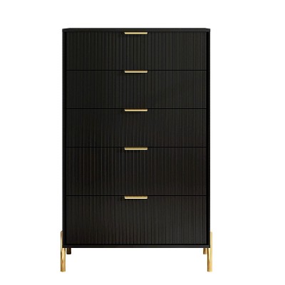 Black Vertical 5-Drawer Dresser Chest with Gold Handles