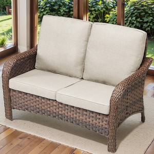 Buenhomino Patio Wicker Sofa Brown Rattan Loveseat Outdoor Couch with Cured Armest & Water Resistant Cushions Sofa for Balcony Backyard Poolside - 1 of 4