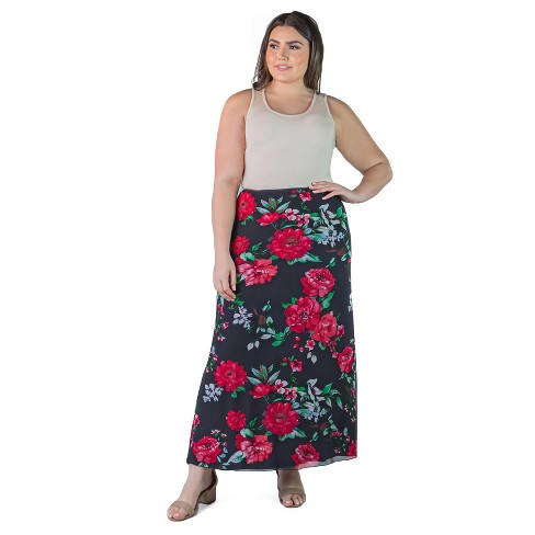 Plus Size Sheer Overlay Floral Print Elastic Waist Maxi Skirt