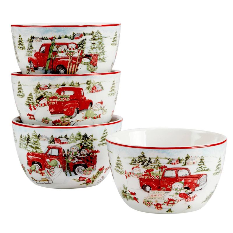 Set of 4 Red Truck Snowman Dining Ice Cream Bowls - Certified International, 1 of 8