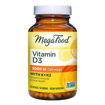 MegaFood Vitamin D3 5000 IU for Immune Support, Paired with Vitamin K + K2 Vegetarian Capsules - 60ct