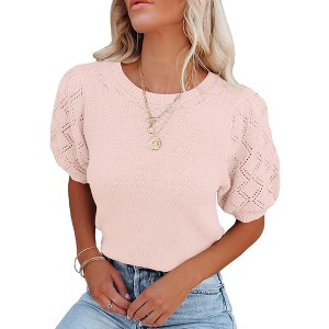 BLUEMING Sweater Tops for Women Short Sleeve Crew Neck Summer Knit Shirt Eyelet Knit Elbow Sleeve Tops - 1 of 3