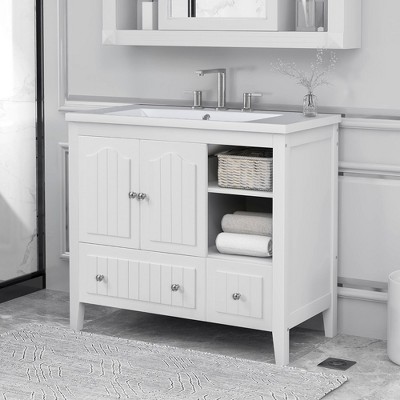 LOVMOR Bathroom Vanity with Ceramic Sink, Doors & Drawers, Modern Bathroom-Storage Cabinet, Solid Wood Frame Set