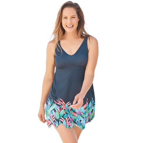 Swim 365 Women's Plus Size Floral Border Swim Dress - 14, Black : Target