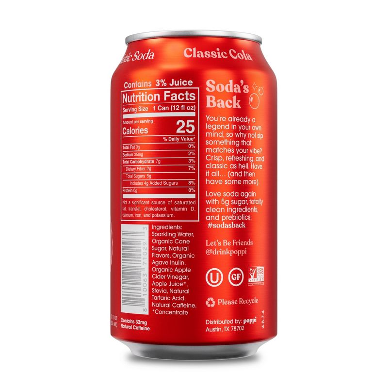 Poppi Classic Cola Prebiotic Soda - 12 fl oz Can, 3 of 8