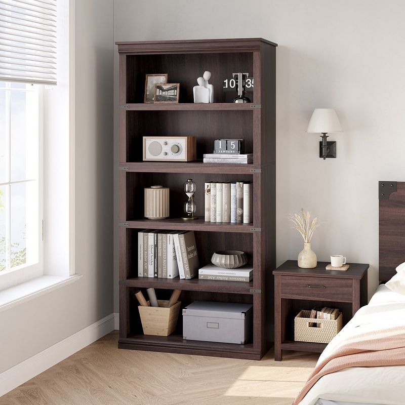 Whizmax Bookshelf, 5-Tier Open Bookcase with Storage Shelves, Floor Standing Unit, Cherry finish, 3 of 10