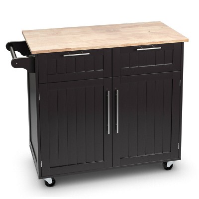 Brown Rubberwood Kitchen Cart with Storage and Casters