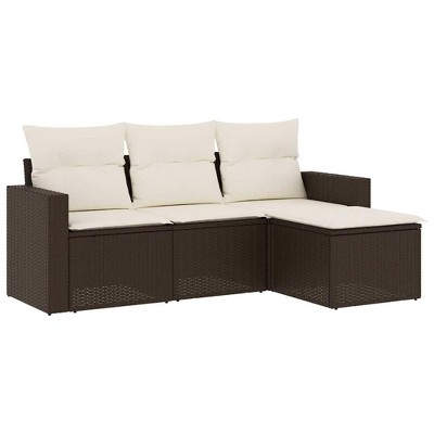 vidaXL Patio Sofa Set with Cushions Outdoor Furniture 4 Piece Poly Rattan - Brown and Cream Without Table