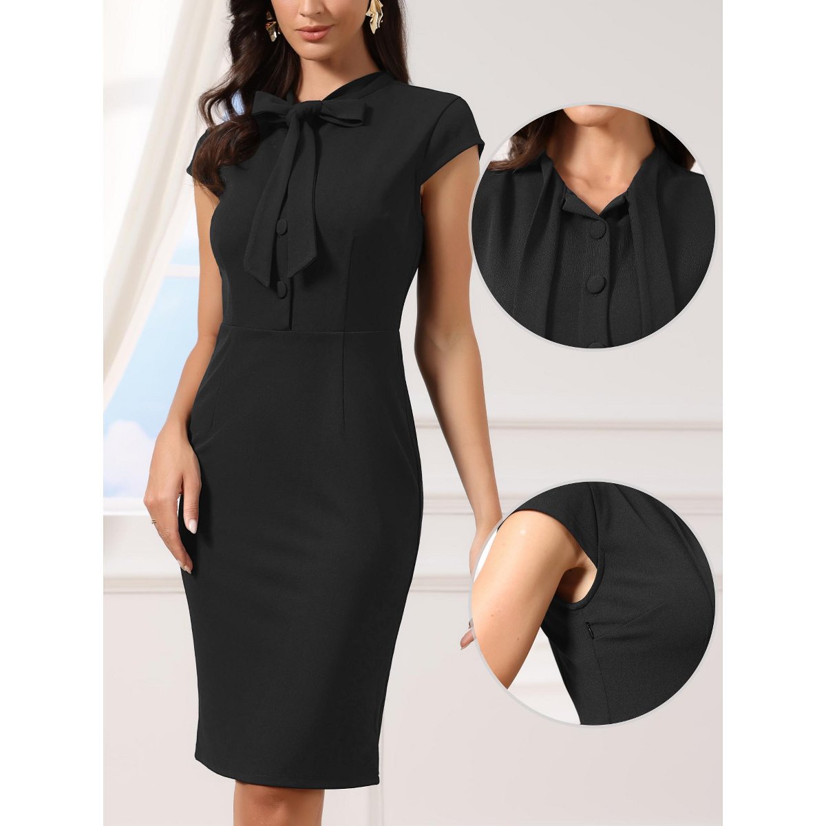 Женские платья INSPIRE CHIC Women's Bow Tie Neck Cap Sleeve Elegant Side Zipper Sheath Mid Dresses Large Black — фото 2