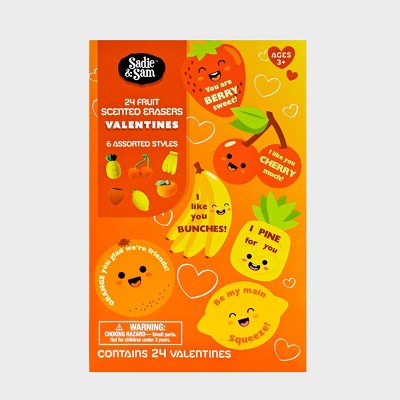 Sadie & Sam 24ct Fruit Fun Valentine's Day Classroom Exchange Cards with Mini Fruit Scented Erasers