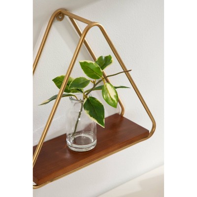 14" Walnut and Gold Geometric Floating Wall Shelves, Set of 2