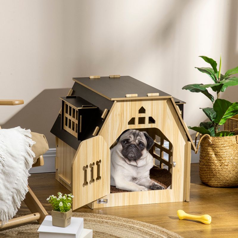 PawHut Cottage Design Small Dog House Indoor, Cute Wooden Pet Homee with Windows, Lockable Door with Bone Shape for Small Sized Dogs, Oak, 3 of 7