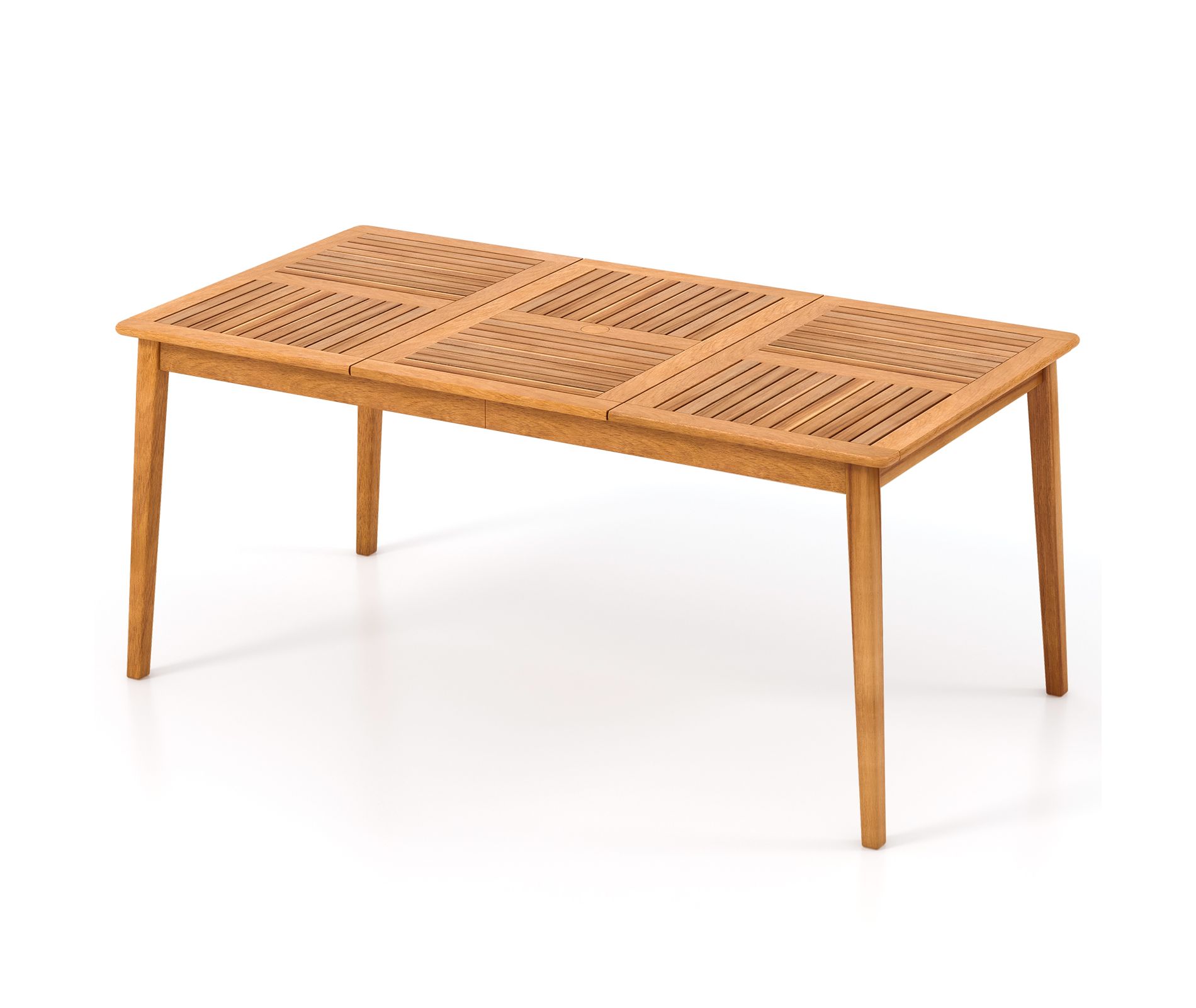 Gymax Outdoor Dining Table for 6 67" x 35" Natural Acacia Wood Rectangular Bistro Table with Integrated Umbrella Hole Wooden Patio Table