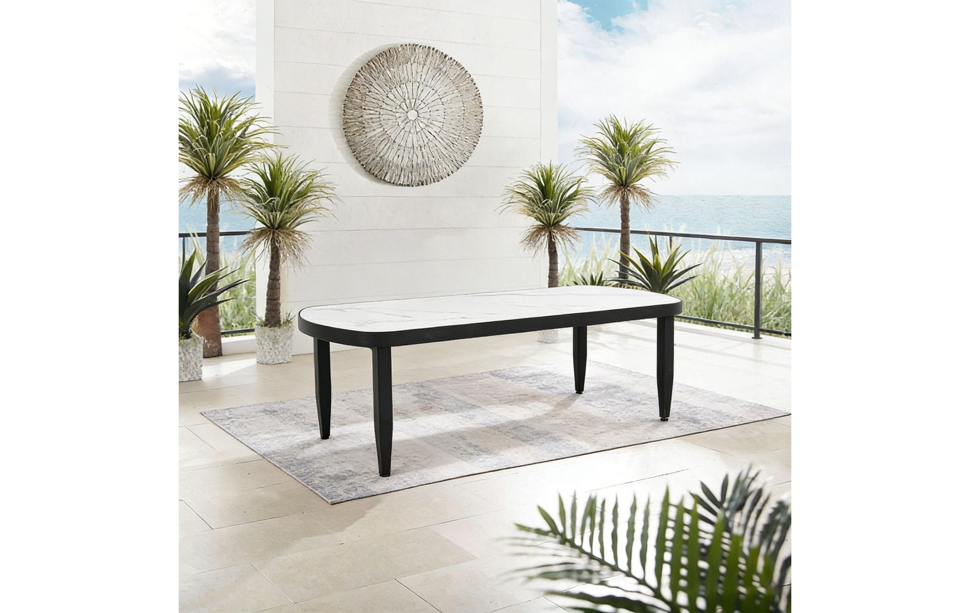 47.2" Modern Coffee Table, Marble-Inspired White Sintered Stone Top with Aluminum Frame and Black Finish for Outdoor or Indoor Use-Panipeachy