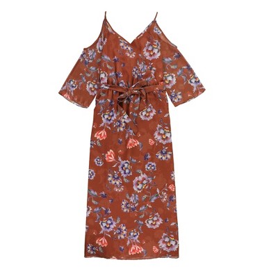 bar III Womens Watercolor Print Floral Wrap Cold Shoulder Dress