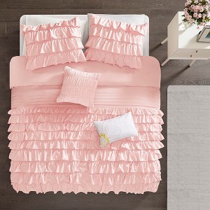Okak 5-Piece Pink Ruffled Design Bed Comforter Set with Decorative Pillow,Comfortable Coverlet Bedding Sets,Princess Style - 1 of 4
