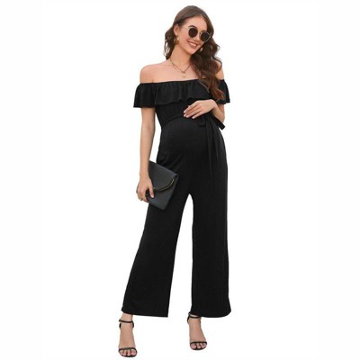 Coolmee Womens Off Shoulder Maternity Jumpsuits Casual Ruffle Sleeves Belted Wide Leg Romper Jumpsuits With Pockets