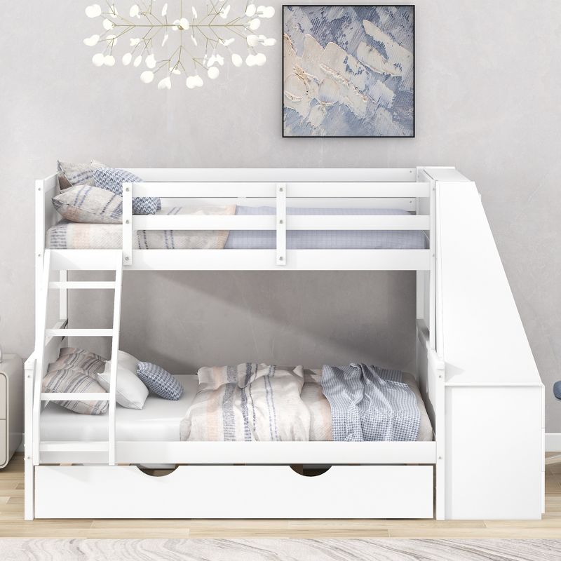 Twin over Full Bunk Bed with Trundle, Built-in Desk, Three Storage Drawers and Shelf-ModernLuxe, 2 of 10