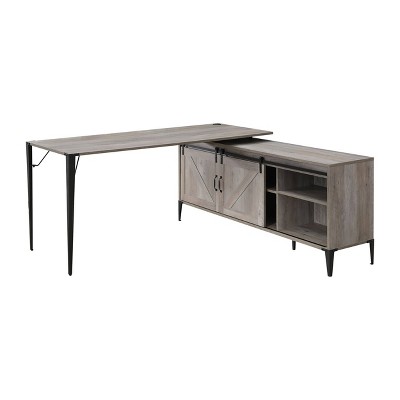 Gray Oak L-Shaped Desk with Sliding Barn Doors