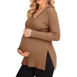 INSPIRE CHIC Women's Maternity Nursing Sweater Fall Winter Side Zip for Breastfeeding Stretchy Knit Top - 1 of 4