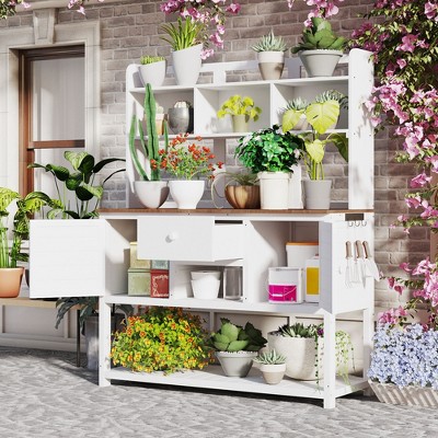 Garden Potting Bench with Hutch, 50.2" Fir Wood Gardening Workstation with Adjustable Shelves, Outdoor Planting Table for Backyard Balcony
