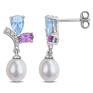 Sterling Silver 6.5 - 7 MM Cultured Freshwater Pearl, 1 3/5 CT TGW Sky Blue Topaz, Rose de France and White Topaz Drop Earrings - 1 of 4