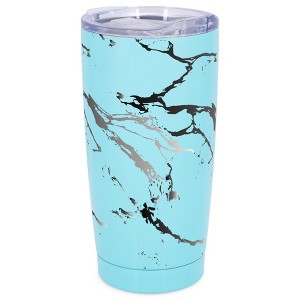 Elanze Designs 20 oz Stainless Steel On the Go Insulated Travel Tumbler With Push Top Lid, Silver Tone Marble Print Sky Blue - 1 of 4