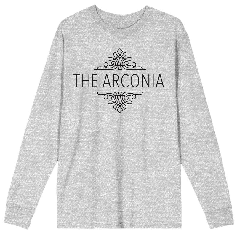 Only Murders In The Building Arconia Swirl Design Crew Neck Long Sleeve Gray Heather Adult Tee, 1 of 3