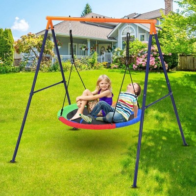 32" Saucer Swing with Stand for Kids Outdoor, 440lbs Saucer Swing Set with Heavy-Duty Metal A-Frame and Adjustable Ropes
